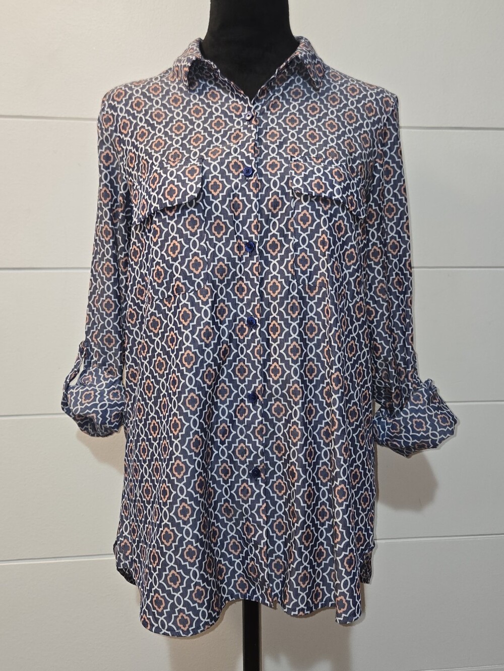 Women's Navy Geometric Button-Front Blouse